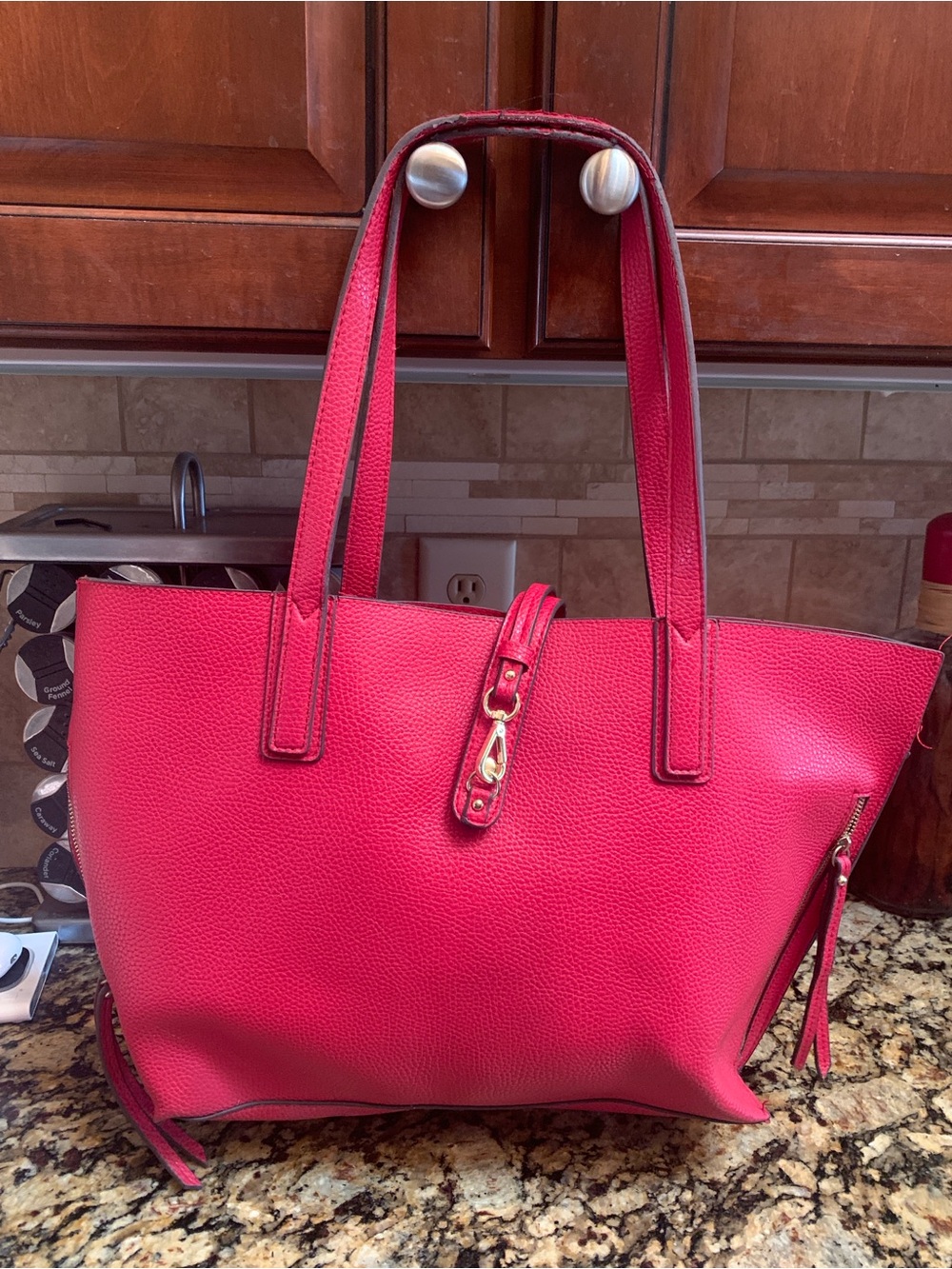 Travanti Red Pebbled Leather Carryall Tote with Gold Hardware